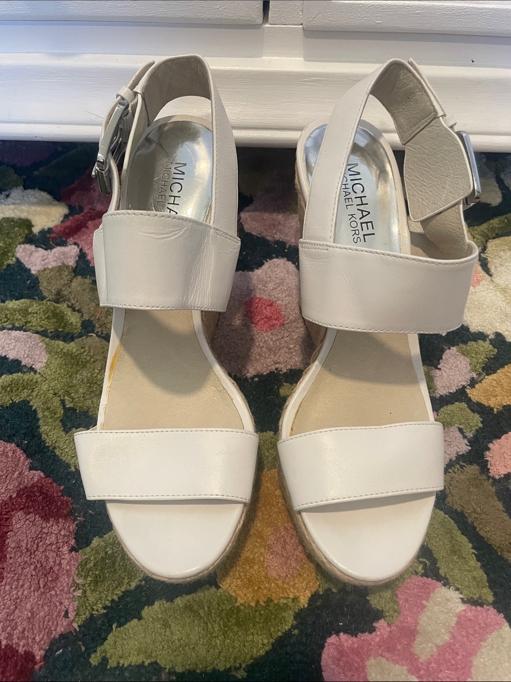 Michael Kors White Leather Open-Toe Slingback Wedge Sandals